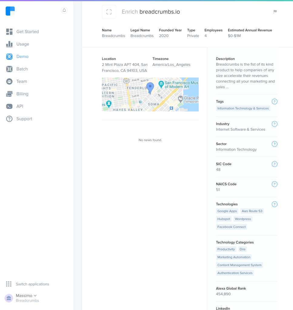 Data Enrichment Services - Clearbit Email Results