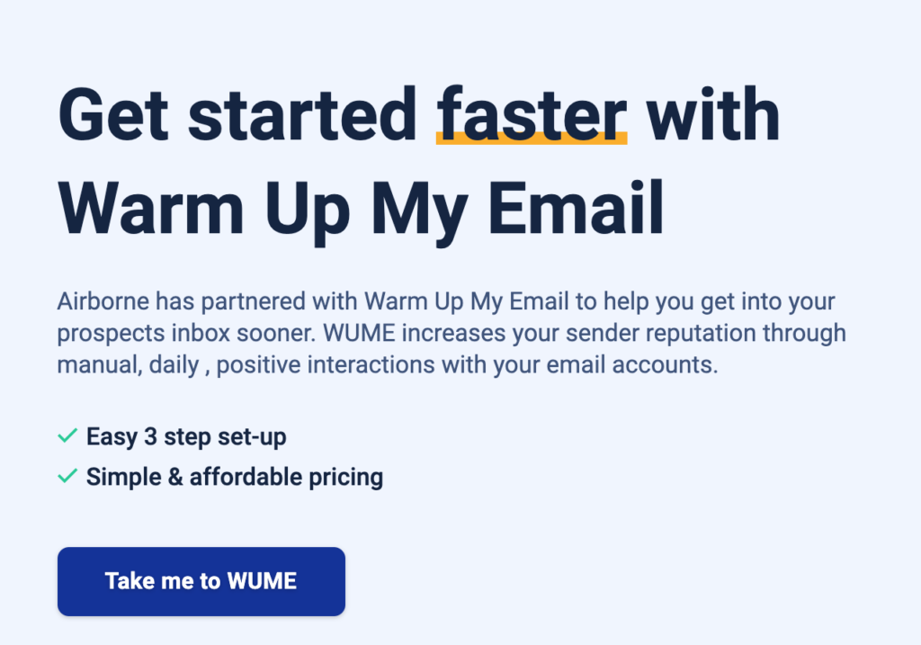 Airborne’s Warm Up My Email Tool Landing Page