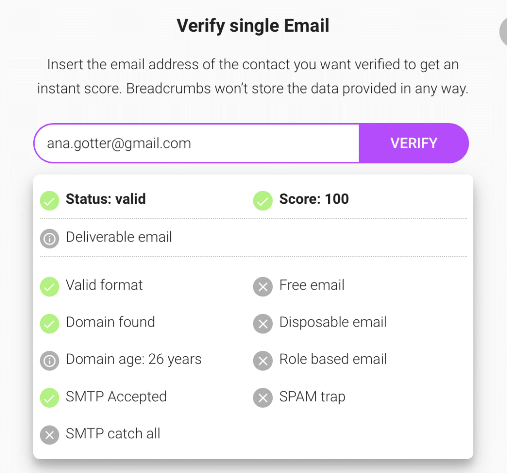 What Is Email Verification - Breadcrumbs Free Email Verification Tool: Singe Email Verification Success