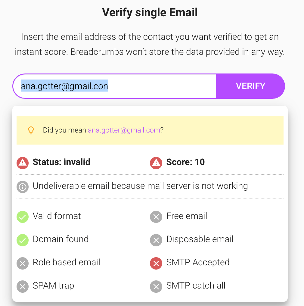 What Is Email Verification - Breadcrumbs Free Email Verification Tool: Singe Email Verification Error