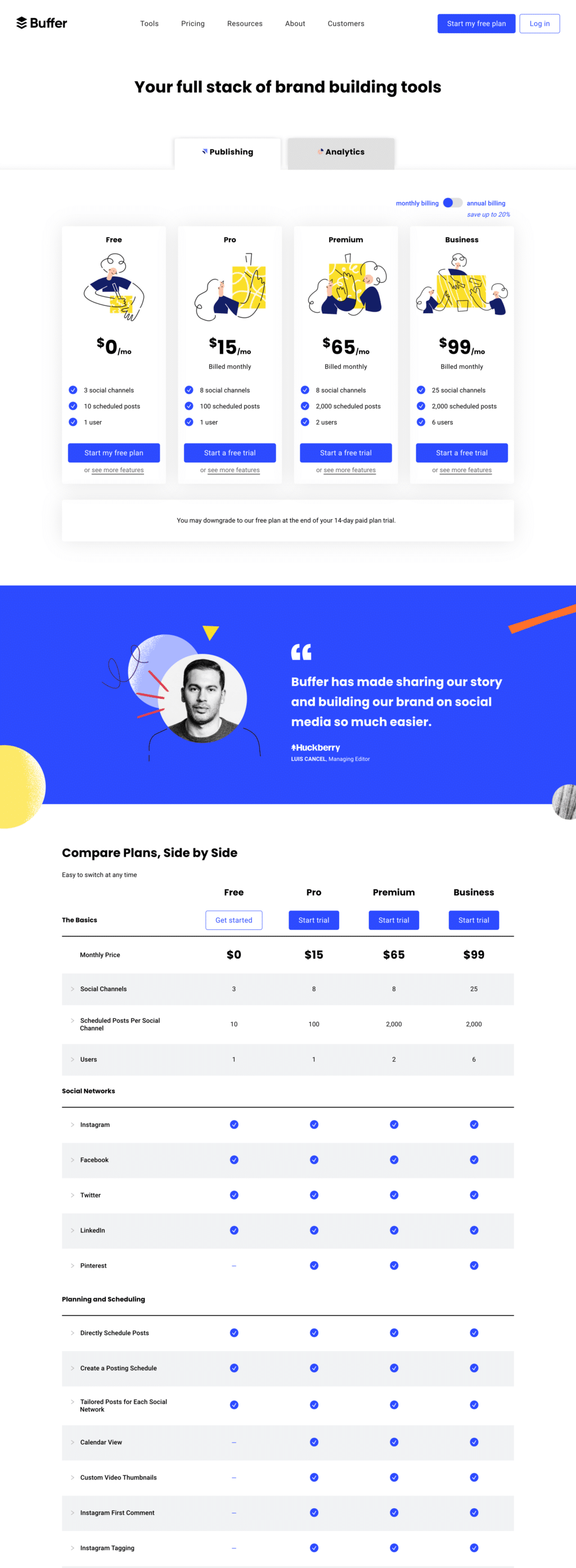 Plan based pricing page examples: Buffer pricing page