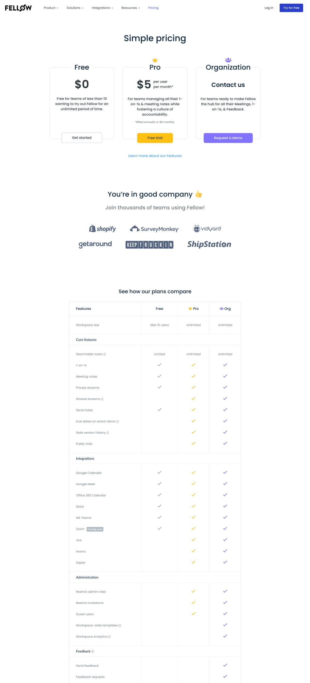 Seat-based pricing page examples: Fellow pricing page