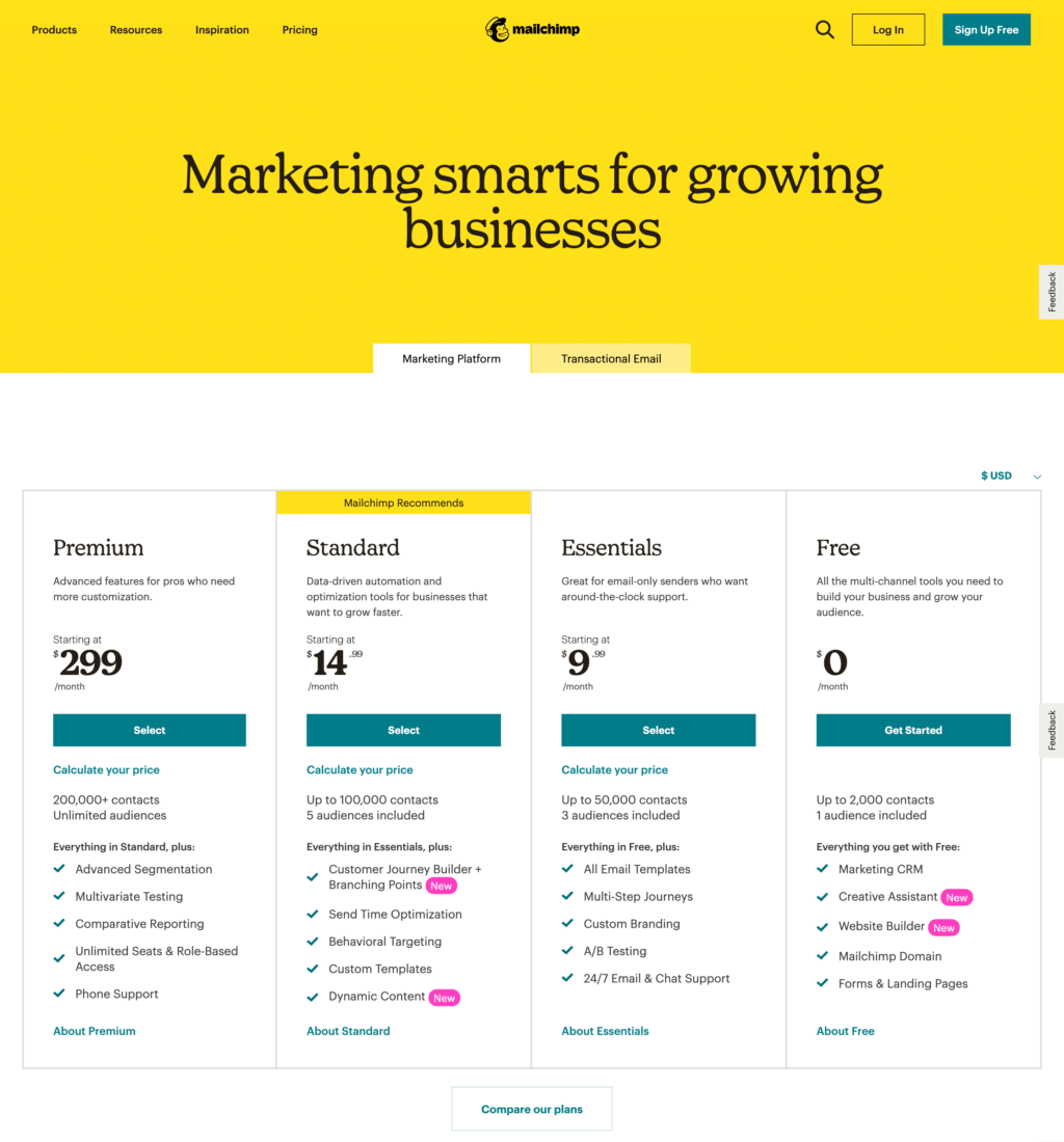 Feature And Usage-Based Pricing Page Examples: Mailchimp Pricing Page