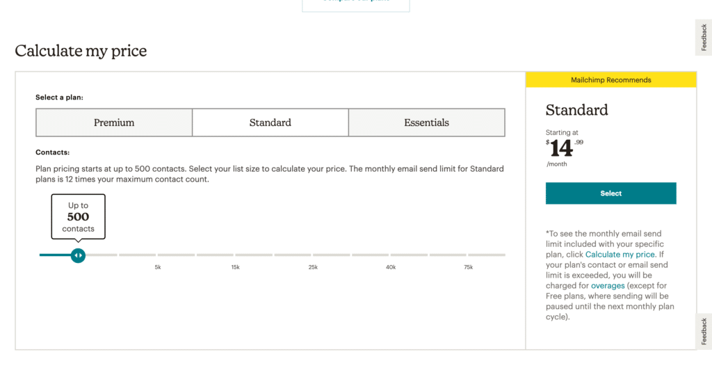 Feature And Usage-Based Pricing Page Examples: Mailchimp Pricing Page Slider