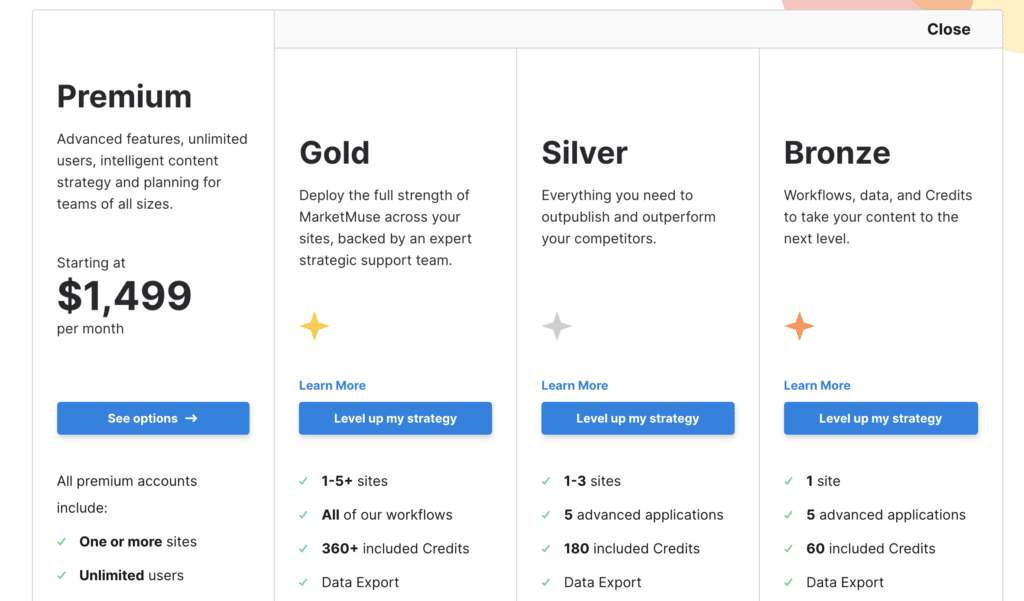 Plan based pricing page examples: MarketMuse Enterprise Pricing