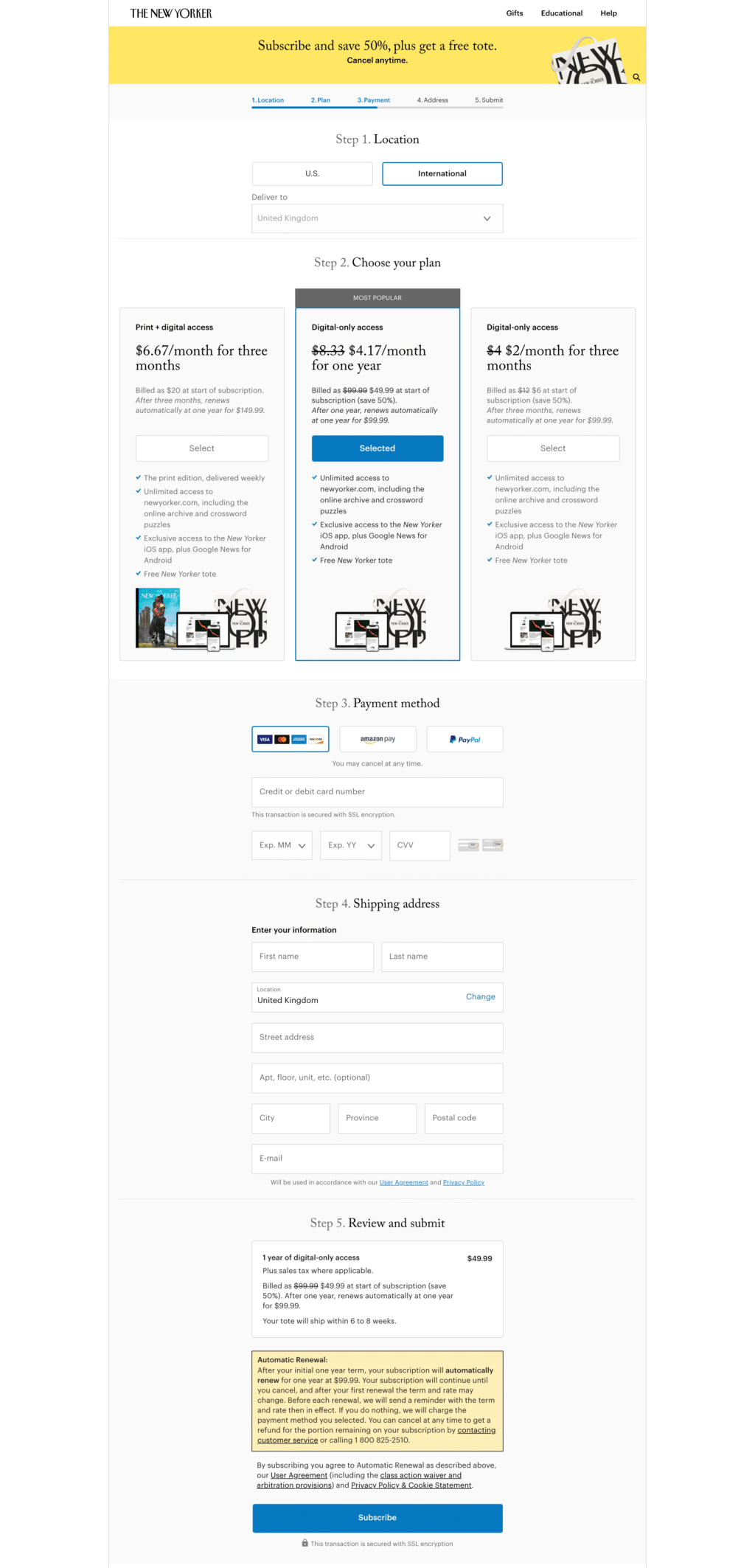 Plan based pricing page examples: The New Yorker subscription page