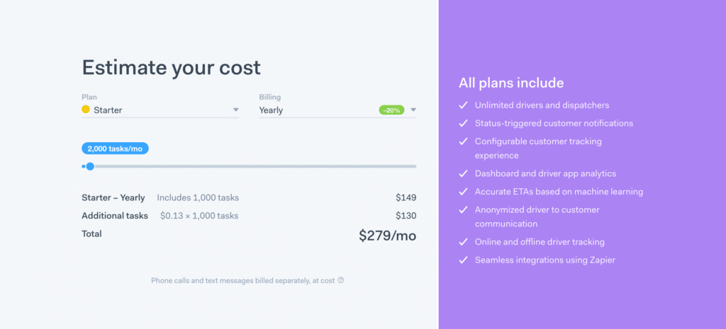 Feature And Usage-Based Pricing Page Examples: Onefleet Usage-Based Pricing Box