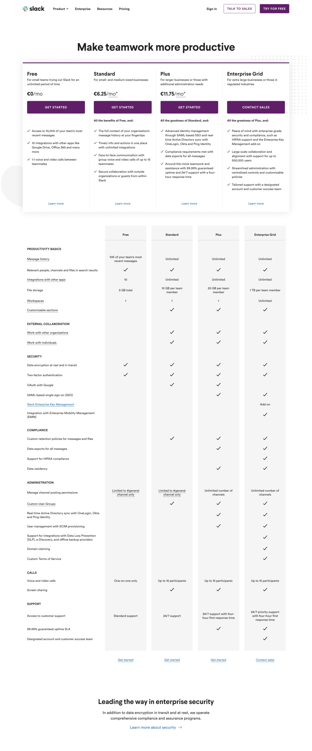 Seat-Based Pricing Page Examples: Slack Pricing Page