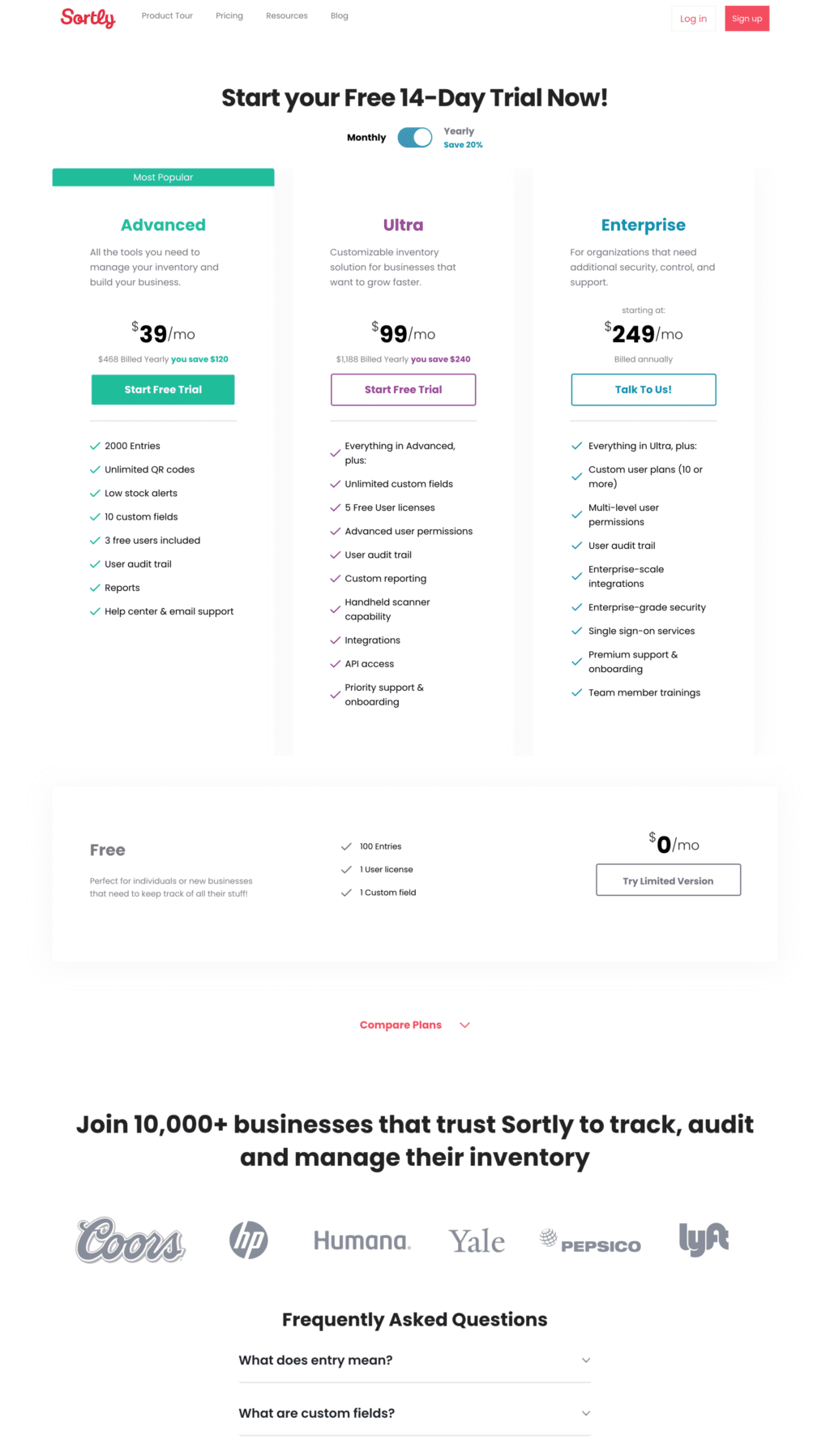 Plan Based Pricing Page Examples: Sortly Pricing Page