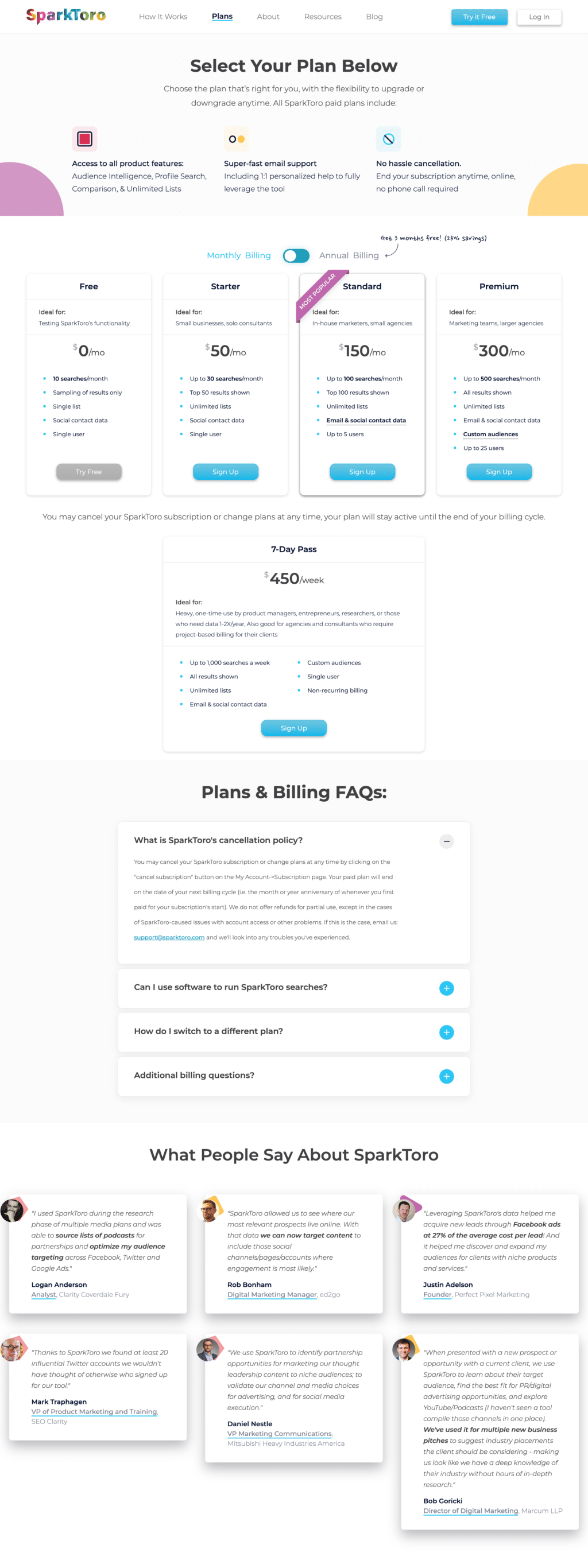 Plan based pricing page examples: SparkToro pricing page