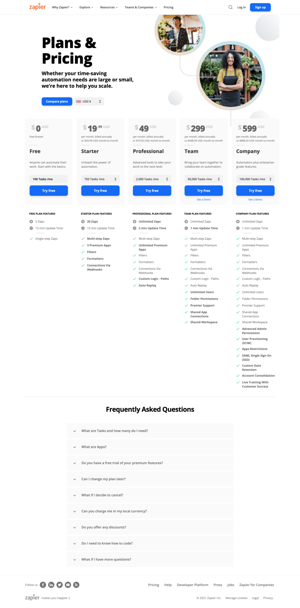 Feature and usage-based pricing page examples: Zapier pricing page