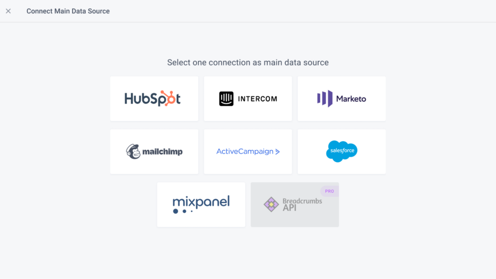 Screenshot of Breadcrumbs Reveal: connect main data source to create data-driven ideal customer profiles