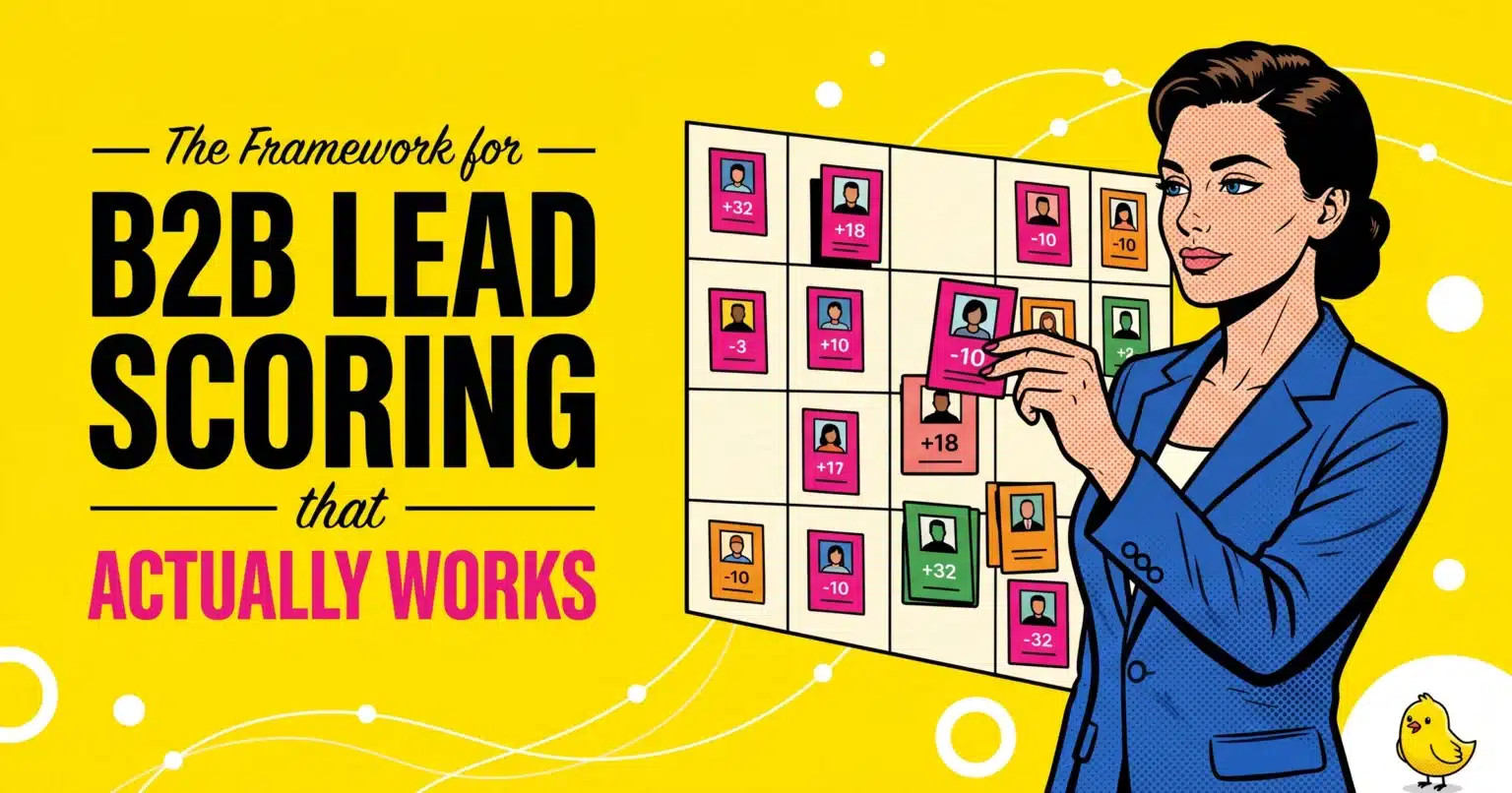 Pop-Art Illustration Titled &Quot;The Framework For B2B Lead Scoring That Actually Works&Quot; Showing A Confident Woman In A Blue Blazer Placing Color-Coded Lead Cards With Point Values Onto A Structured Scoring Grid On A Bright Yellow Background.
