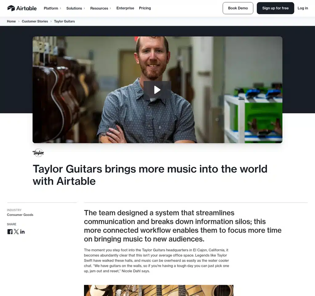 Case Study Examples: Airtable — Taylor Guitars Customer Story Hero With Video Still, Headline, And Consumer-Goods Industry Tag