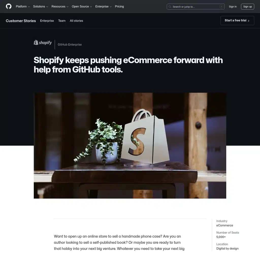 Case Study Examples: Github — Shopify Customer Story Hero With Shopify Logo, Github Enterprise Tag, And Product-Photograph Cover Image