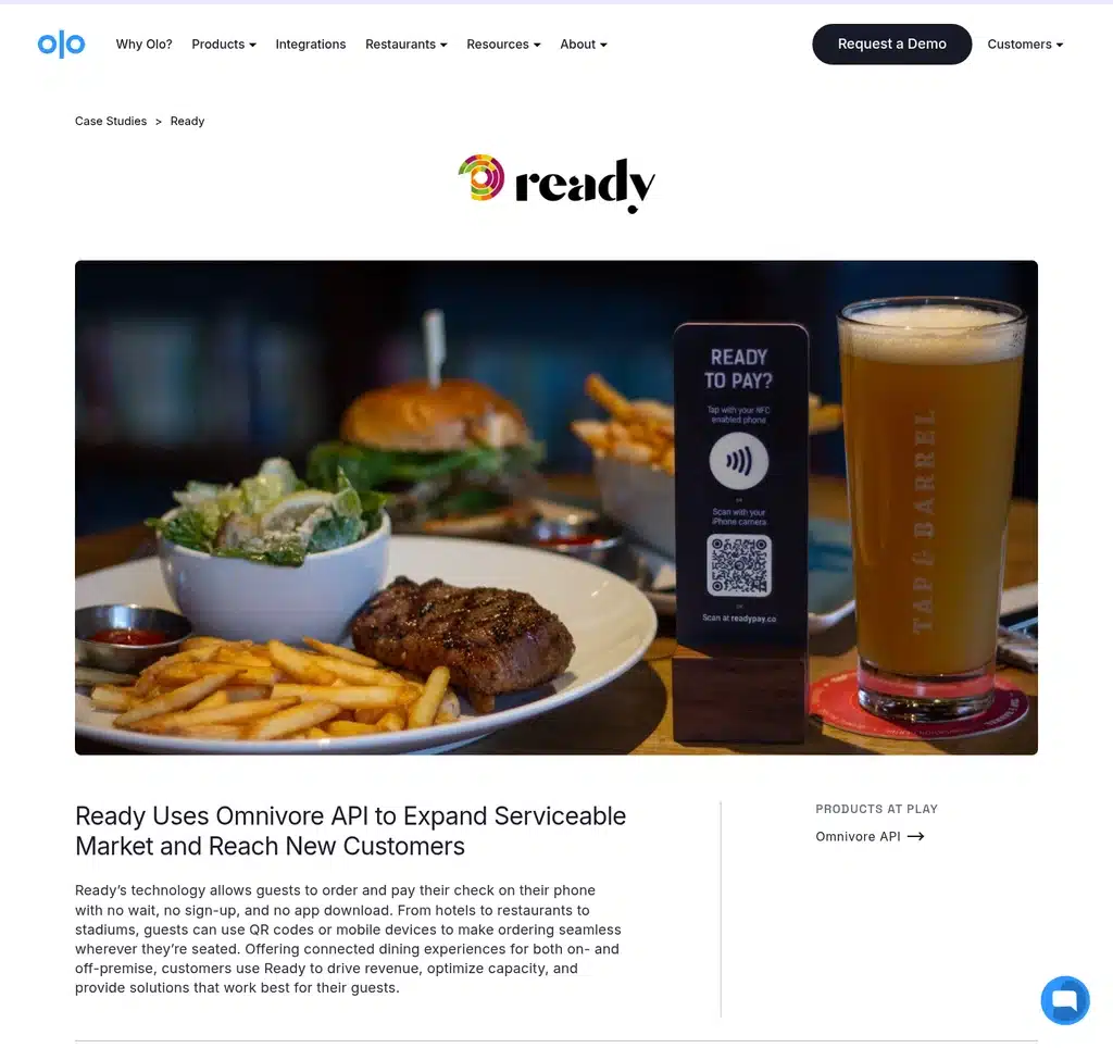 Case Study Examples: Olo — Ready Case Study Hero With Restaurant-Table Product Photo And Omnivore Api Module