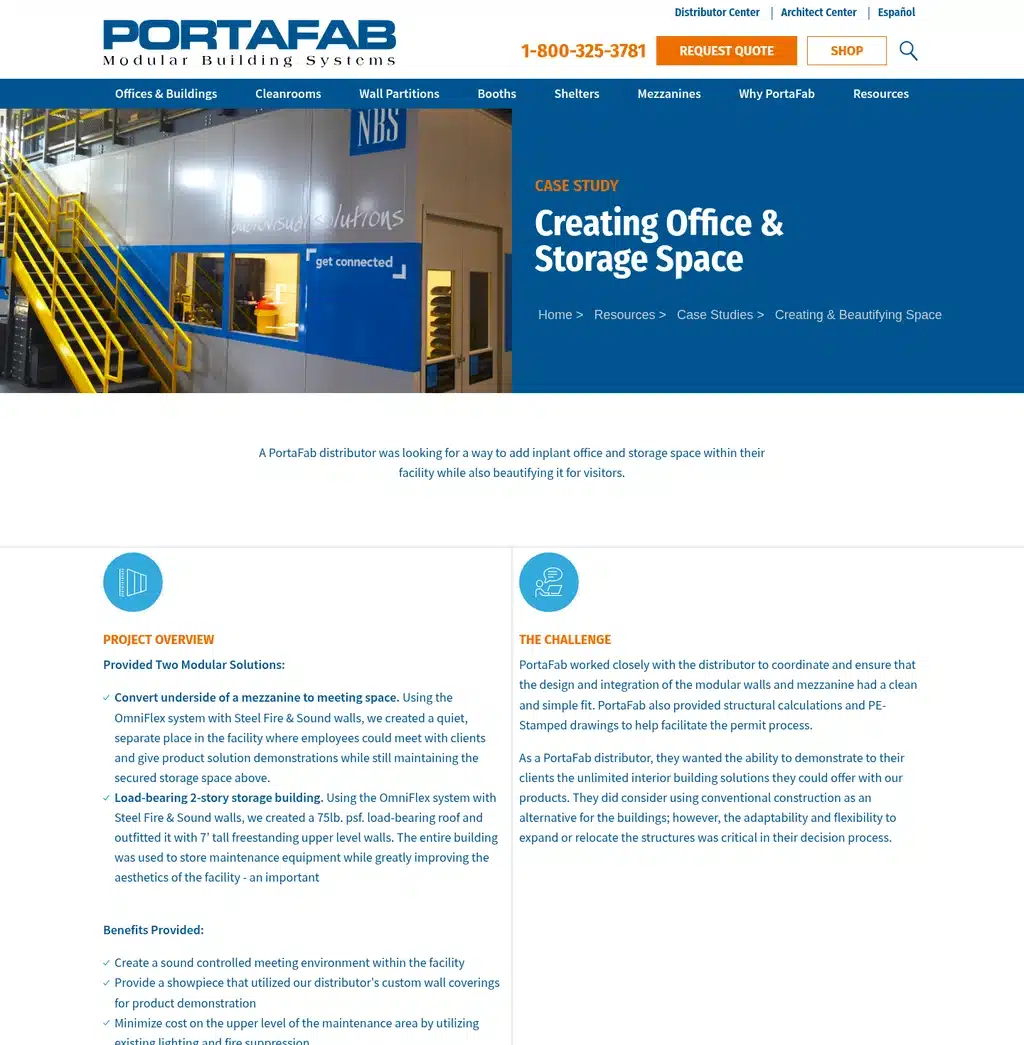 Case Study Examples: Portafab — Creating Office &Amp; Storage Space Hero With Modular-Building Photo And Project Overview/Challenge Module