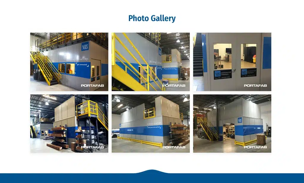 Case Study Examples: Portafab — Photo Gallery Showing Six Installation Photos Of The Finished Modular Office-Under-Mezzanine Build