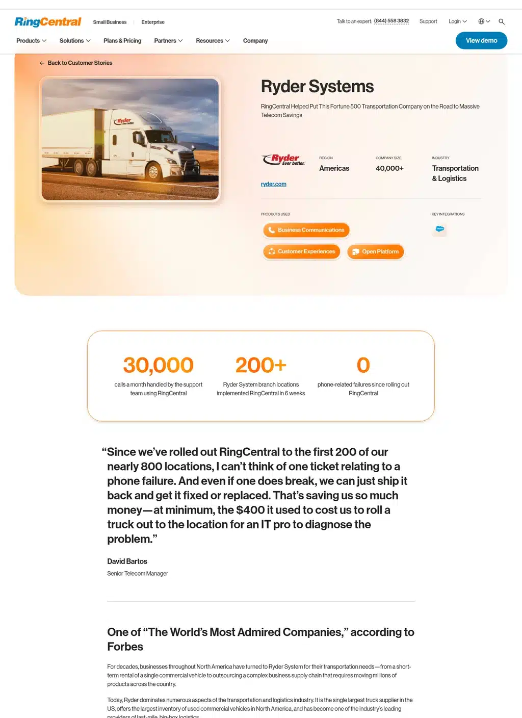 Case Study Examples: Ringcentral — Ryder Systems Hero With Truck Photo, 30,000/200+/0 Headline Stats, And David Bartos Pull Quote