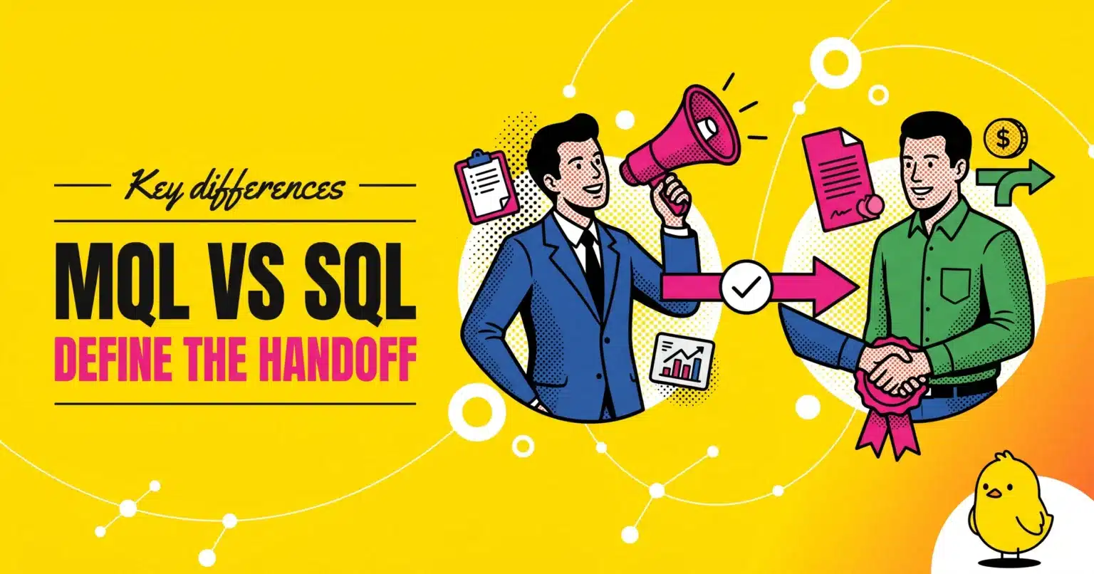 Pop-Art Illustration Of A Marketer In A Blue Suit Holding A Pink Megaphone Handing Off To A Salesperson In A Green Shirt Shaking Hands Over A Contract, With A Pink Arrow And White Checkmark Between Them; Title Reads &Quot;Mql Vs Sql — Define The Handoff&Quot; On A Bright Yellow Background.