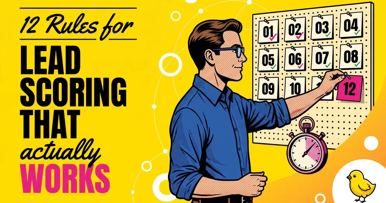Pop-Art Illustration Titled &Quot;12 Rules For Lead Scoring That Actually Works&Quot; Showing A Male Revops Practitioner In A Royal-Blue Button-Down And Dark Glasses Pinning A Hot-Pink &Quot;12&Quot; Rule Card Onto A Wall-Mounted Pegboard Of Numbered Rule Cards (01 Through 12), With A Vintage Stopwatch At The Foot Of The Board Signaling That The Model Still Runs Over Time, On A Bright Yellow Background.