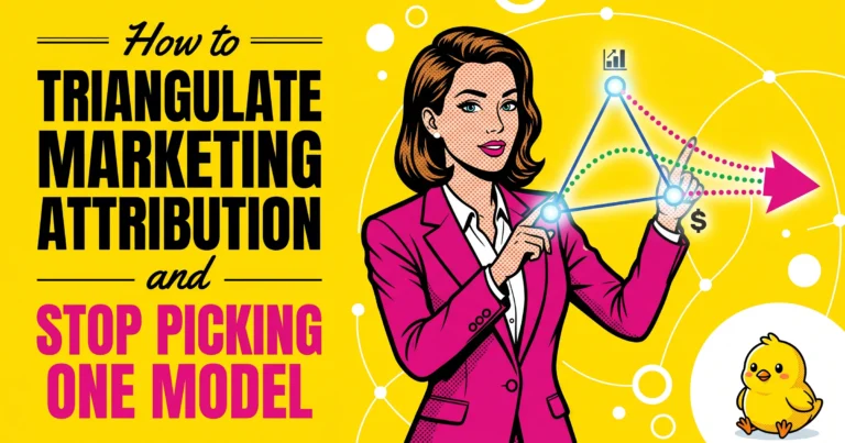 Pop-Art Comic-Book Illustration Of A Confident Woman Analyst In A Magenta Blazer Holding A Glowing Triangle Diagram With Three Labelled Nodes — Chart, Clipboard, Dollar Sign — Connected By Blue, Green, And Pink Dotted Signal Lines That Converge Into A Magenta Arrow, On A Bright Yellow Breadcrumbs Background. Title Overlay Reads &Quot;How To Triangulate Marketing Attribution And Stop Picking One Model.&Quot;