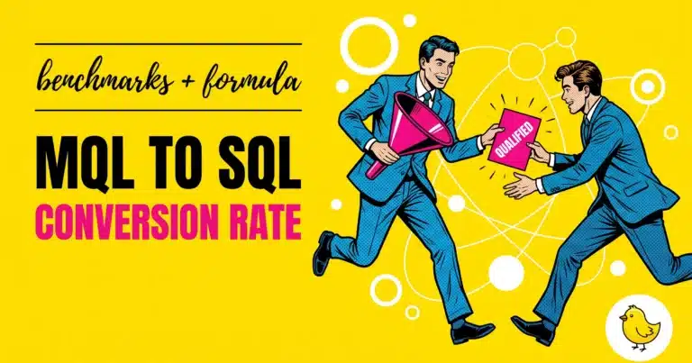 Two B2B Professionals In The Mql To Sql Handoff Moment — A Marketing Figure Holding A Megaphone Passes A Qualified Lead Card To An Sdr, Illustrating The Mql To Sql Conversion Rate Bottleneck.